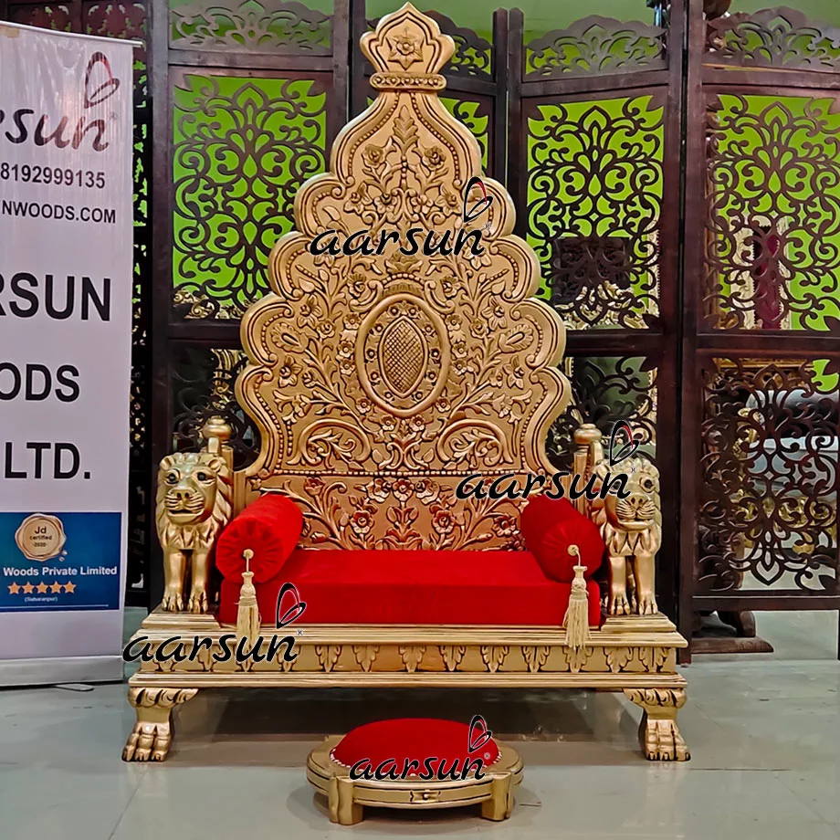 Guruji Chair Singhasan In Teak Wood Antique Gold Yt